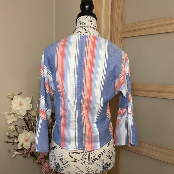Girl Krazy Cropped Blouse Bell Flared Sleeves Stripped Front Button/Tie Size M - Picture 6 of 7